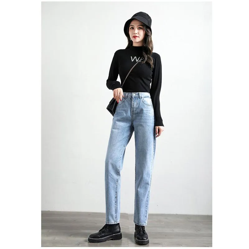 Slimming High-Waisted Elastic Loose Fit Straight Versatile Jeans