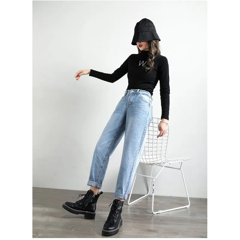 Slimming High-Waisted Elastic Loose Fit Straight Versatile Jeans