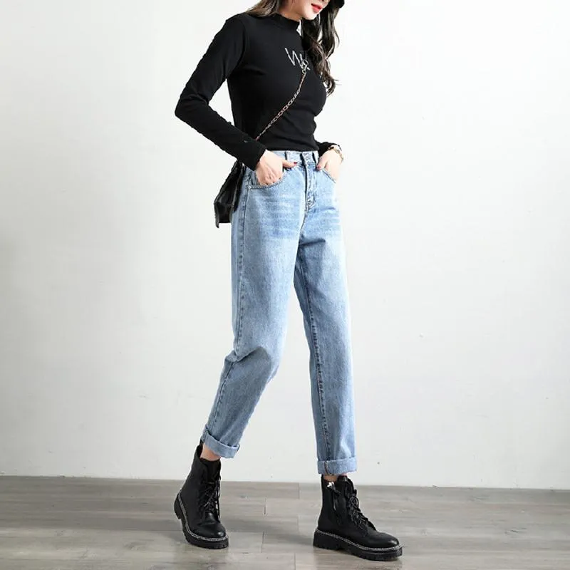 Slimming High-Waisted Elastic Loose Fit Straight Versatile Jeans