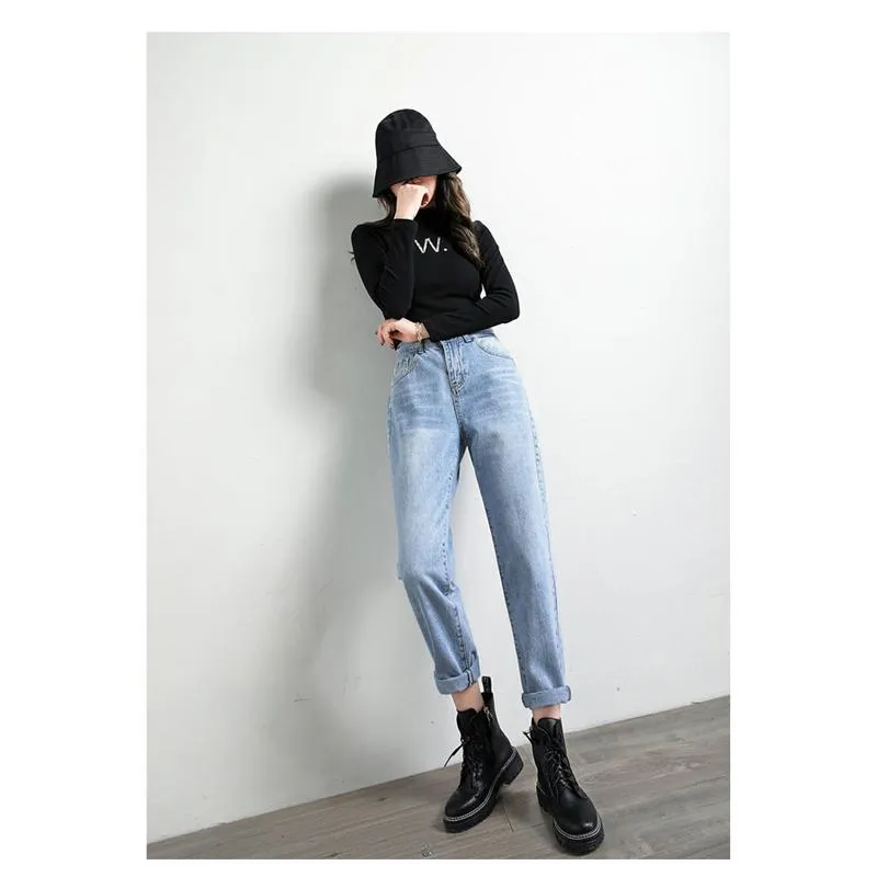 Slimming High-Waisted Elastic Loose Fit Straight Versatile Jeans