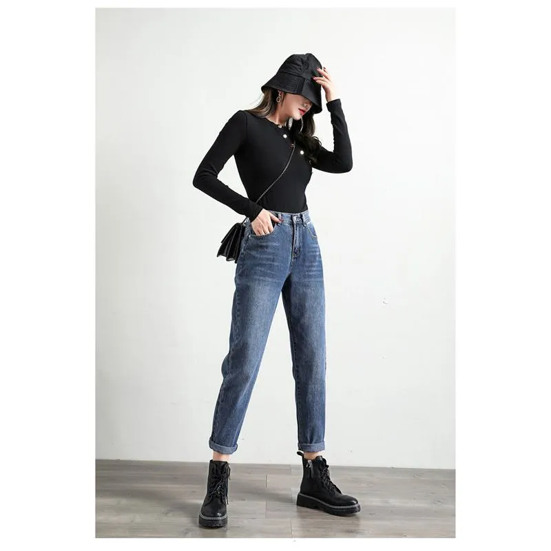 Slimming High-Waisted Elastic Loose Fit Straight Versatile Jeans