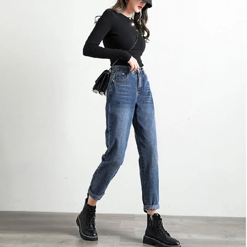 Slimming High-Waisted Elastic Loose Fit Straight Versatile Jeans