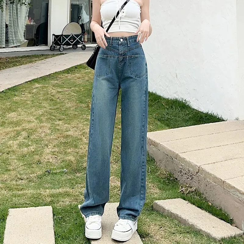 Slimming High-Waisted Lengthened Niche Floor-Length Draping Straight Wide-Leg Jeans