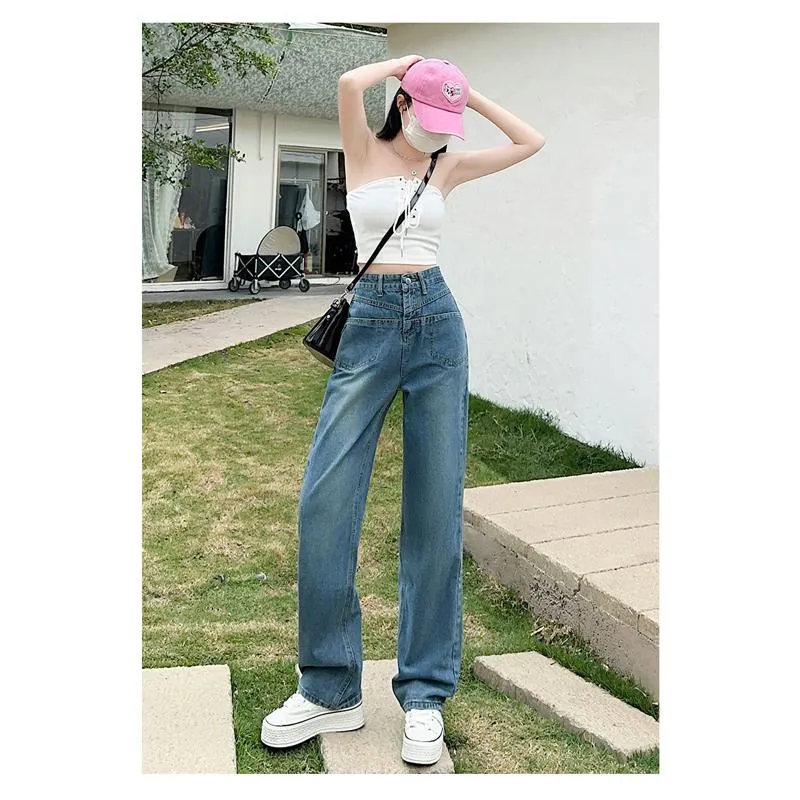 Slimming High-Waisted Lengthened Niche Floor-Length Draping Straight Wide-Leg Jeans