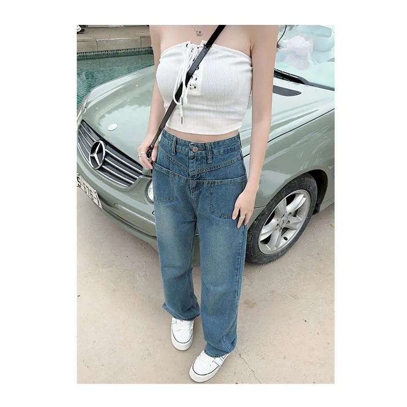 Slimming High-Waisted Lengthened Niche Floor-Length Draping Straight Wide-Leg Jeans