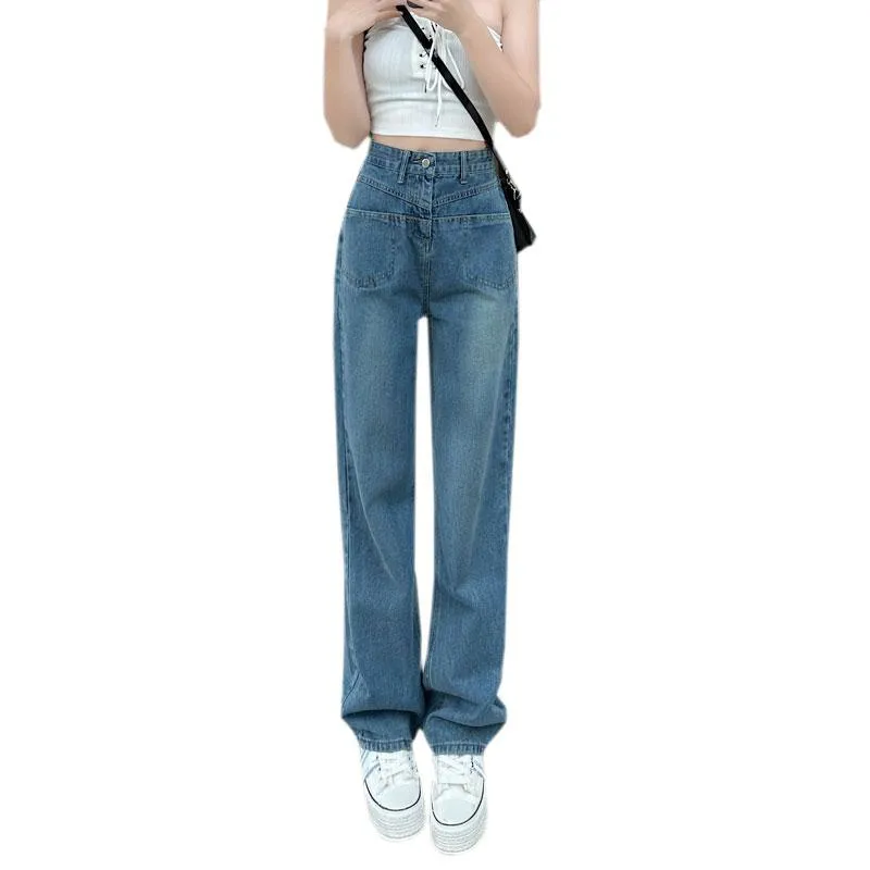 Slimming High-Waisted Lengthened Niche Floor-Length Draping Straight Wide-Leg Jeans