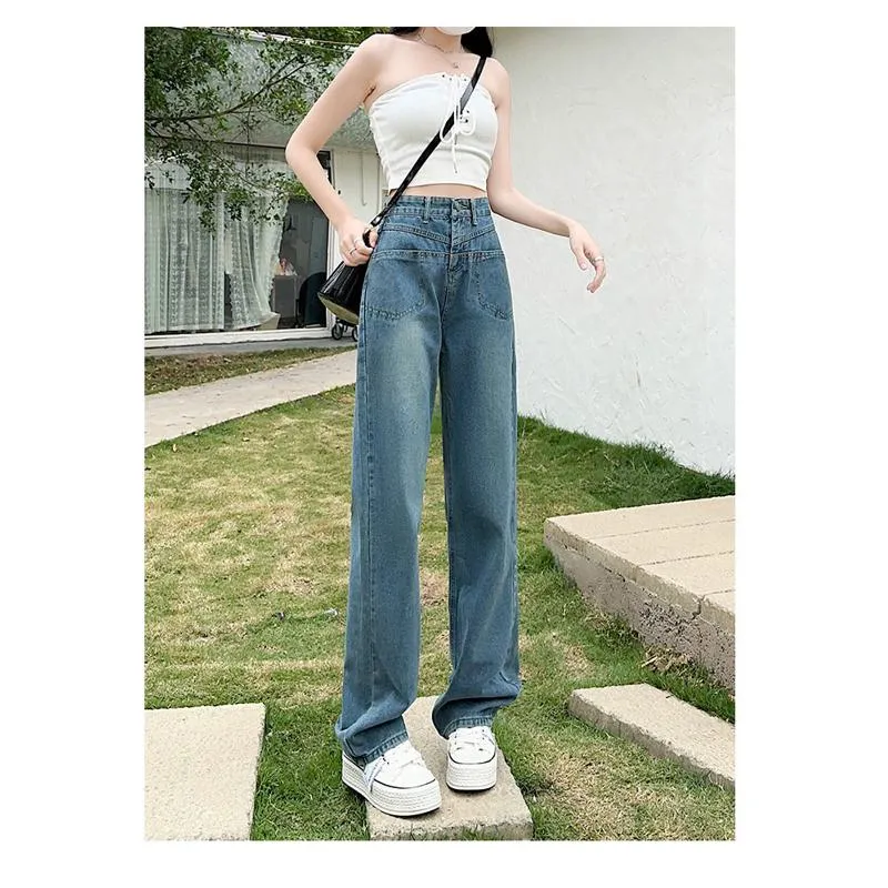 Slimming High-Waisted Lengthened Niche Floor-Length Draping Straight Wide-Leg Jeans