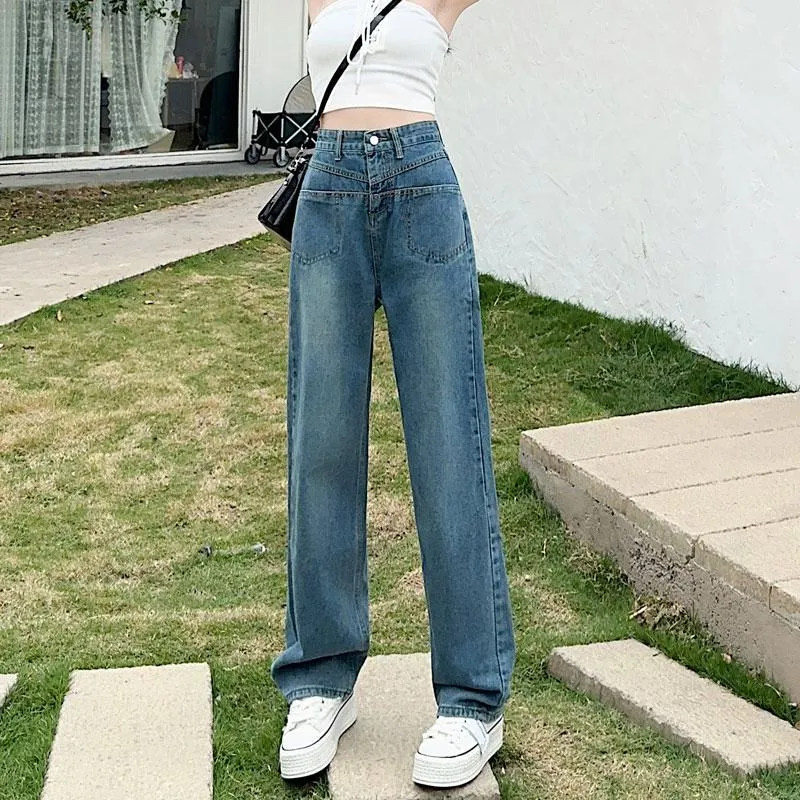 Slimming High-Waisted Lengthened Niche Floor-Length Draping Straight Wide-Leg Jeans