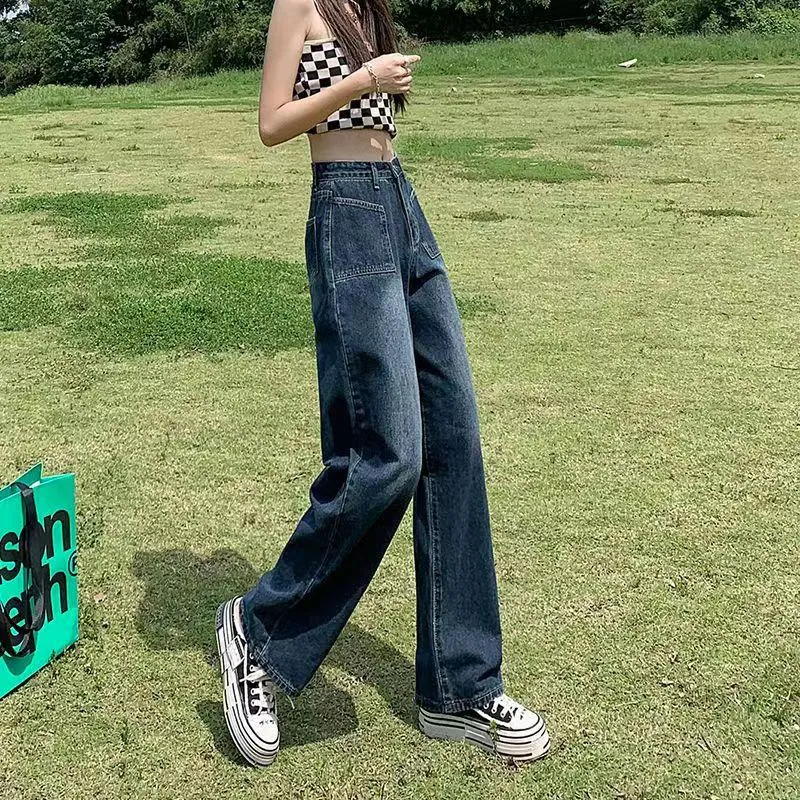 Slimming High-Waisted Straight Pants Loose Fit Pocket Retro Draping Jeans