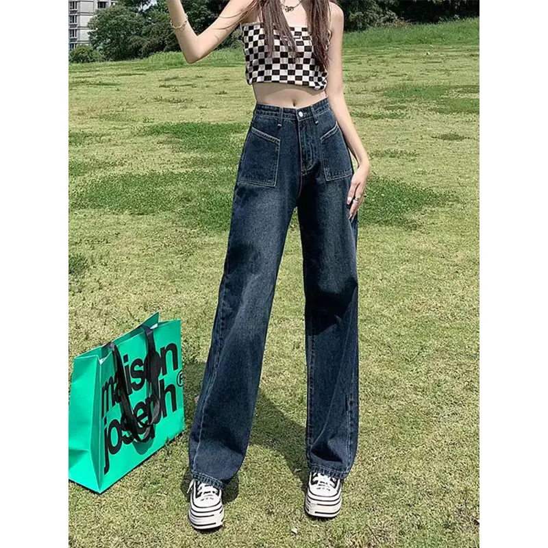 Slimming High-Waisted Straight Pants Loose Fit Pocket Retro Draping Jeans