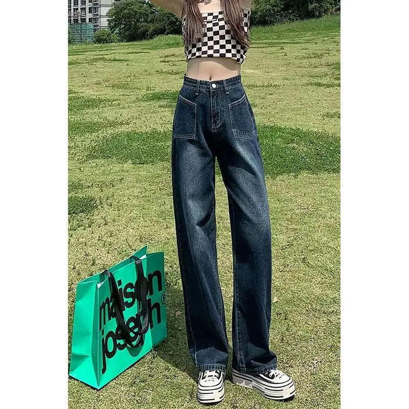 Slimming High-Waisted Straight Pants Loose Fit Pocket Retro Draping Jeans