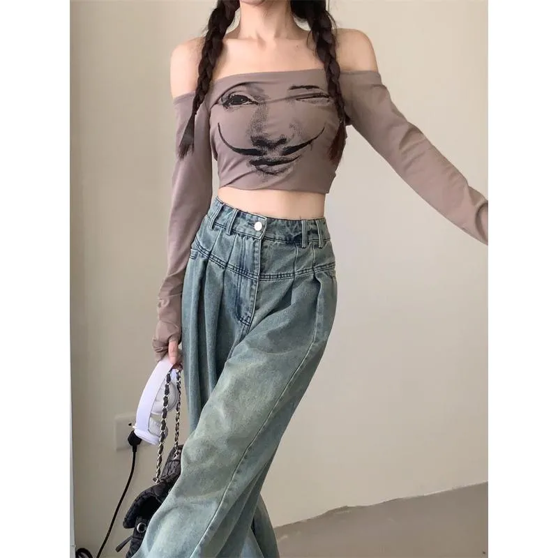 Slimming High-Waisted Washed Out Floor-Length Loose-Fit Retro Pleated Wide-Leg Jeans