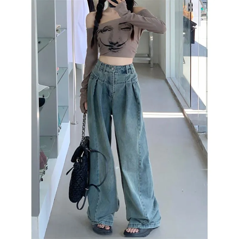 Slimming High-Waisted Washed Out Floor-Length Loose-Fit Retro Pleated Wide-Leg Jeans