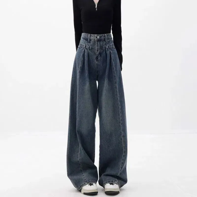 Slimming High-Waisted Washed Out Floor-Length Loose-Fit Retro Pleated Wide-Leg Jeans