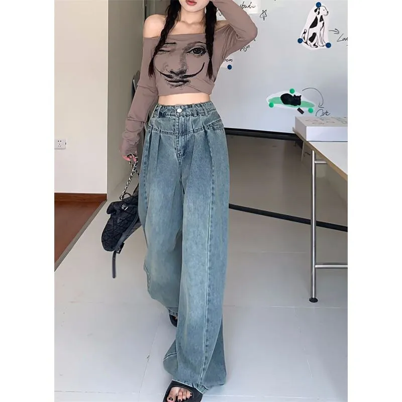 Slimming High-Waisted Washed Out Floor-Length Loose-Fit Retro Pleated Wide-Leg Jeans