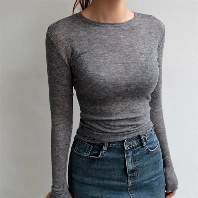 Spring Sexy Elastic Korean Style Skinny Long Sleeve Tops #2017