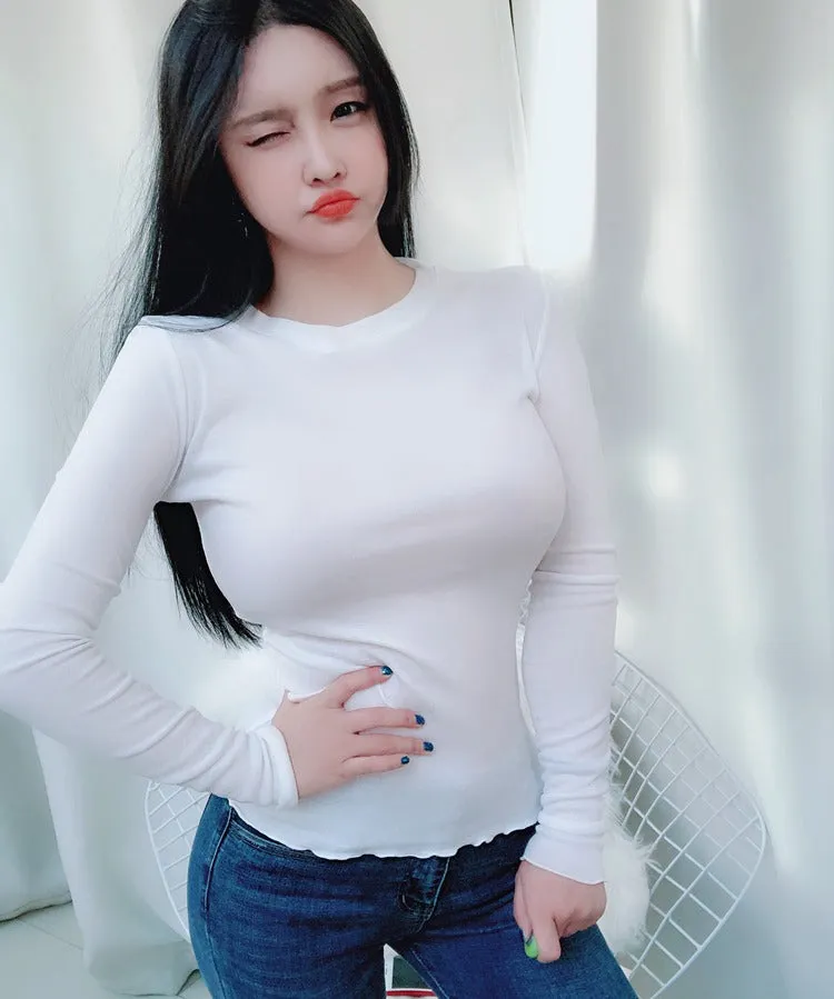 Spring Sexy Elastic Korean Style Skinny Long Sleeve Tops #2017