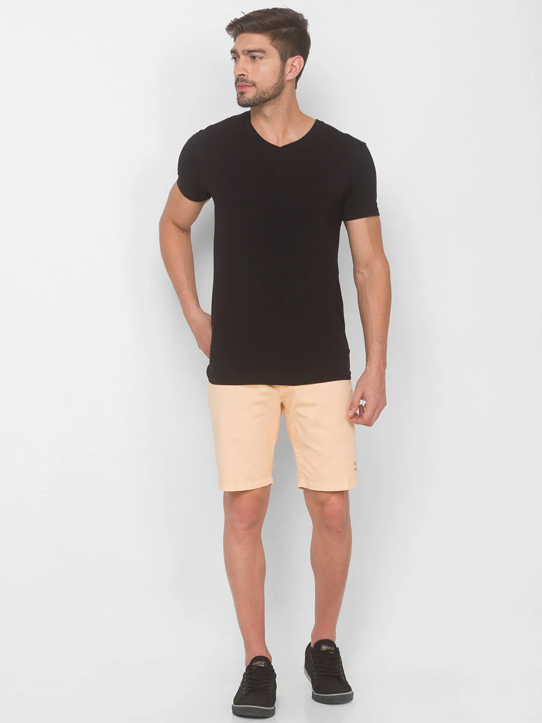 Spykar Men Light Beige Solid Relaxed Mid-Rise Shorts (Relaxed)