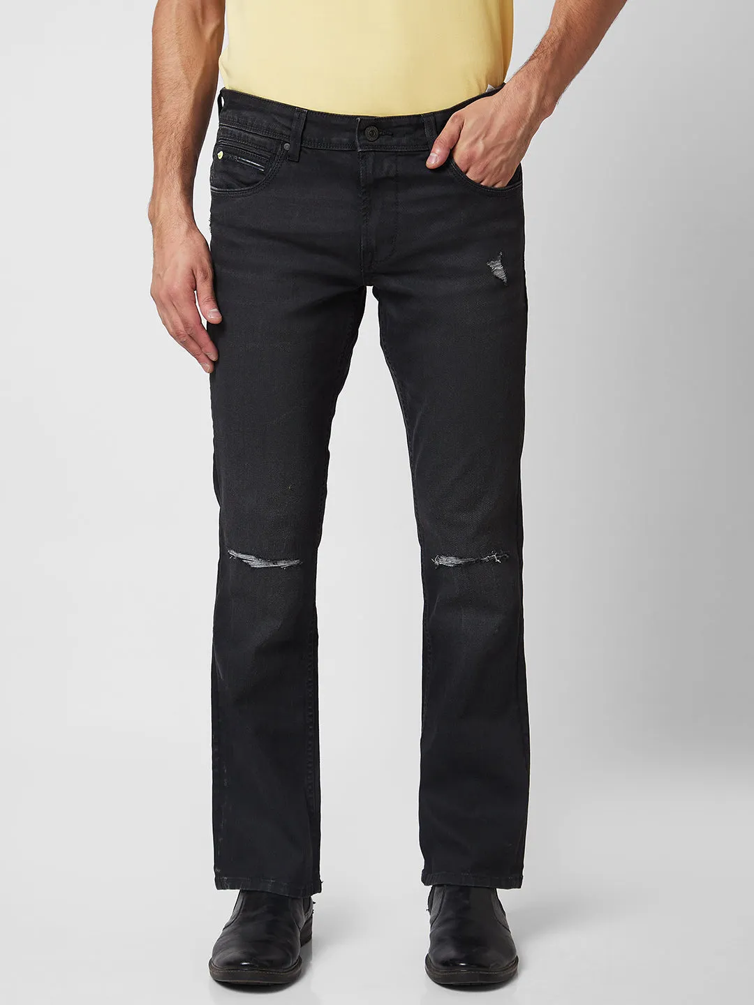 Spykar Mid Rise Bootcut Fit Black Jeans For Men
