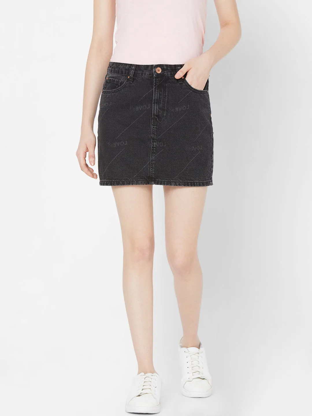 Spykar Women Black Cotton Relaxed Mid-Rise Skirt