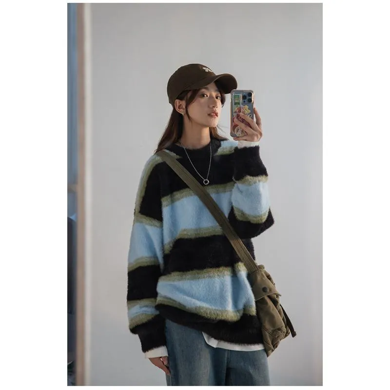 Stripe Alpaca Wool Thickened Knitted Loose Fit Lazy Sweater