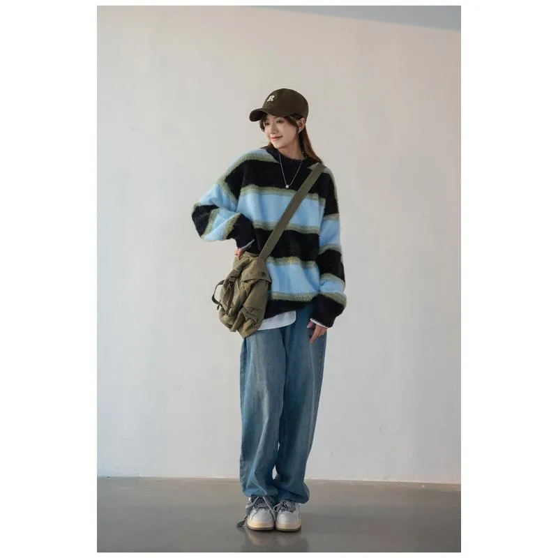 Stripe Alpaca Wool Thickened Knitted Loose Fit Lazy Sweater