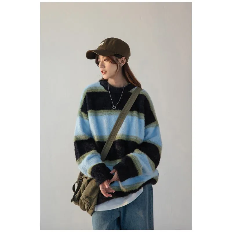 Stripe Alpaca Wool Thickened Knitted Loose Fit Lazy Sweater