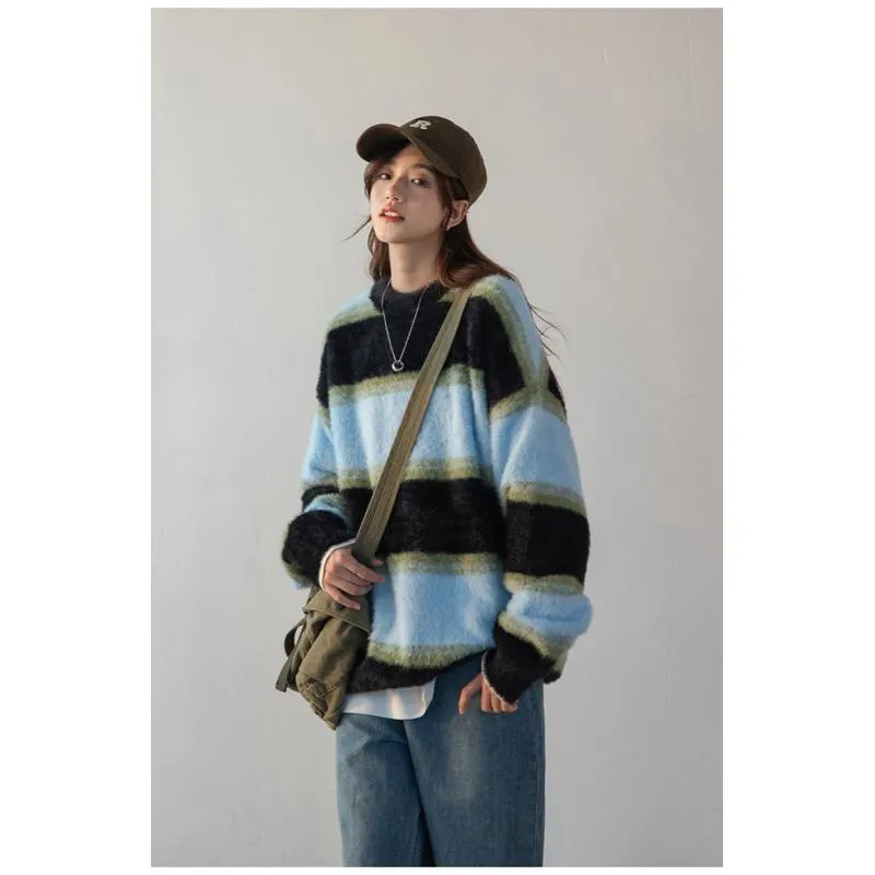 Stripe Alpaca Wool Thickened Knitted Loose Fit Lazy Sweater