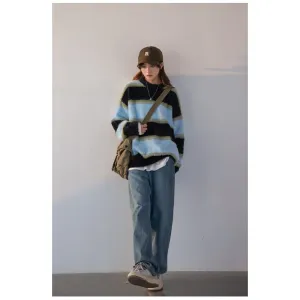 Stripe Alpaca Wool Thickened Knitted Loose Fit Lazy Sweater