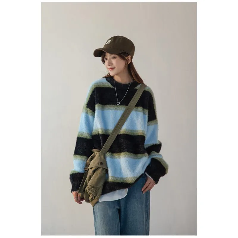 Stripe Alpaca Wool Thickened Knitted Loose Fit Lazy Sweater