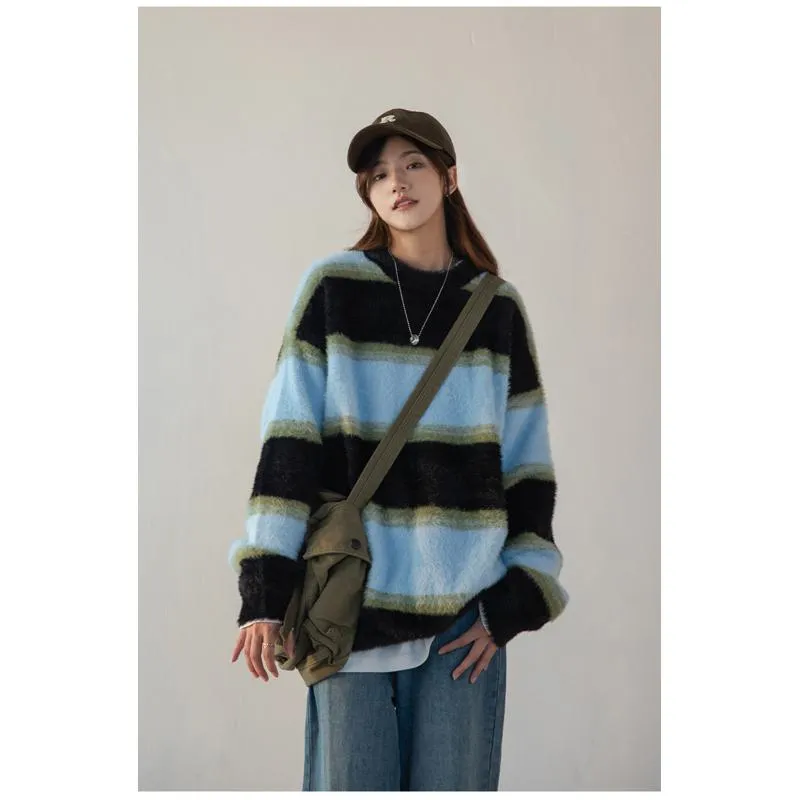 Stripe Alpaca Wool Thickened Knitted Loose Fit Lazy Sweater