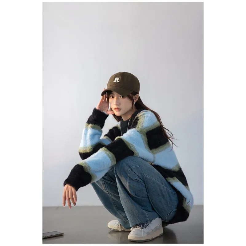 Stripe Alpaca Wool Thickened Knitted Loose Fit Lazy Sweater