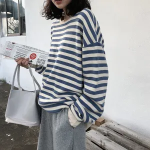 Stripe Fish Scales Round Neck Loose Fit Thin Long Sleeve Tee