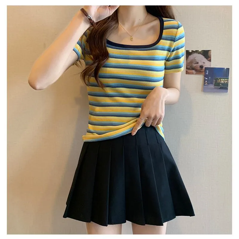 Stripe Versatile Unique Cropped Regular Shoulder Color Blocking Short Sleeve Tee