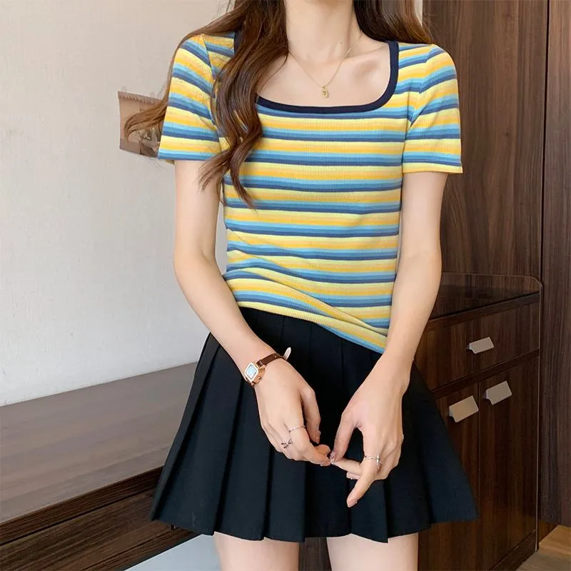 Stripe Versatile Unique Cropped Regular Shoulder Color Blocking Short Sleeve Tee