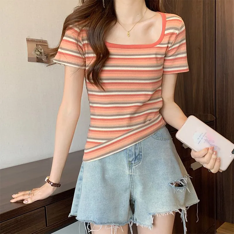 Stripe Versatile Unique Cropped Regular Shoulder Color Blocking Short Sleeve Tee