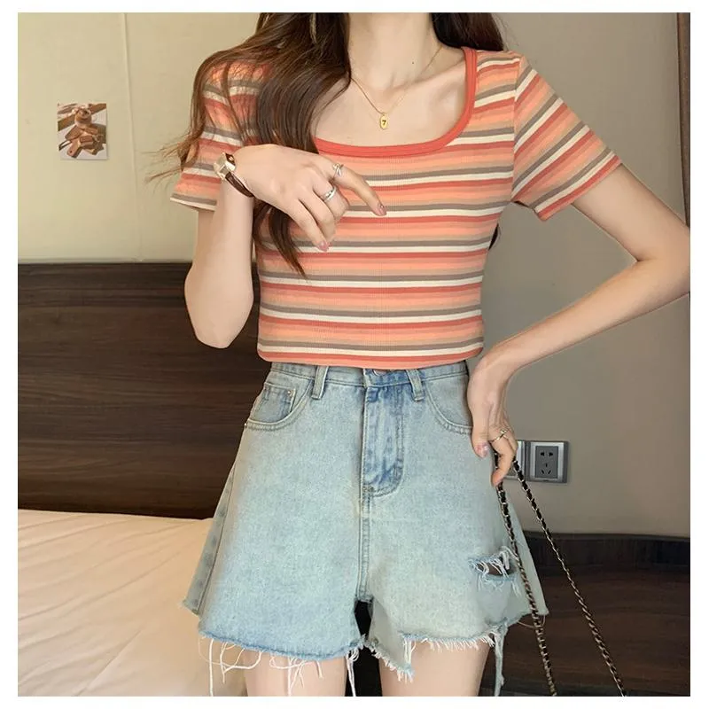 Stripe Versatile Unique Cropped Regular Shoulder Color Blocking Short Sleeve Tee