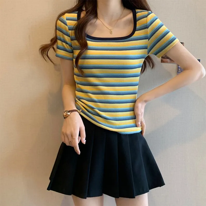 Stripe Versatile Unique Cropped Regular Shoulder Color Blocking Short Sleeve Tee