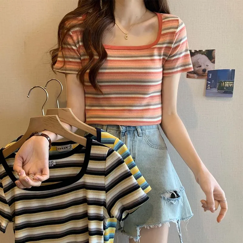 Stripe Versatile Unique Cropped Regular Shoulder Color Blocking Short Sleeve Tee