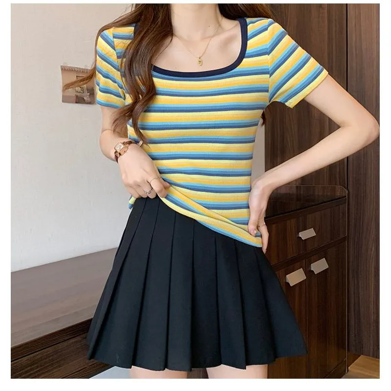 Stripe Versatile Unique Cropped Regular Shoulder Color Blocking Short Sleeve Tee