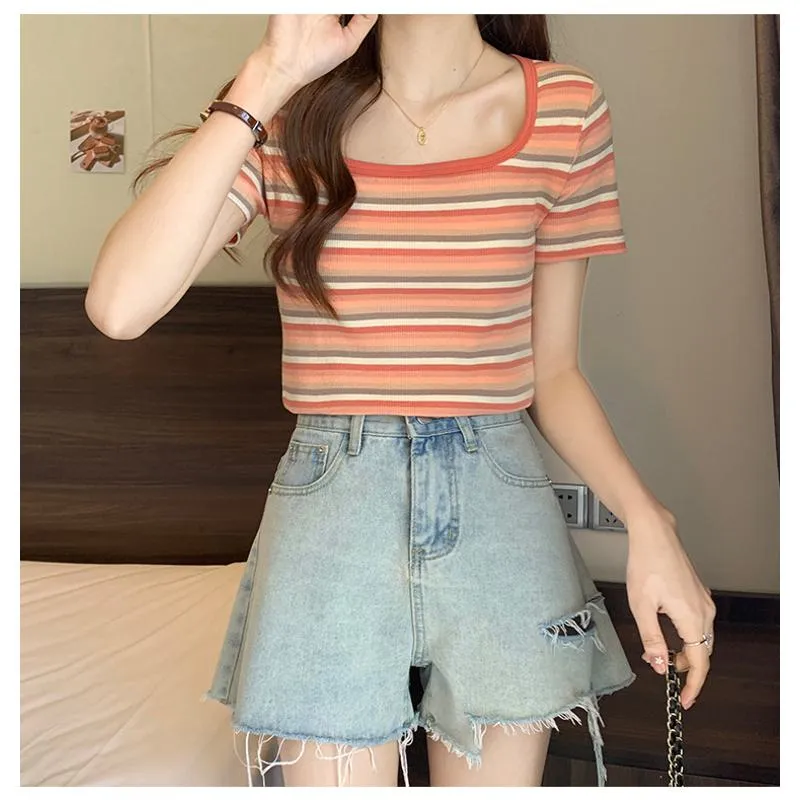 Stripe Versatile Unique Cropped Regular Shoulder Color Blocking Short Sleeve Tee