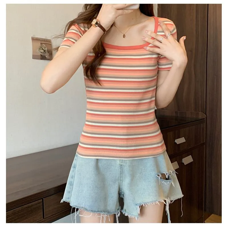 Stripe Versatile Unique Cropped Regular Shoulder Color Blocking Short Sleeve Tee