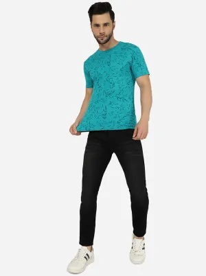 Teal Blue Printed Slim Fit T-Shirt | Greenfibre