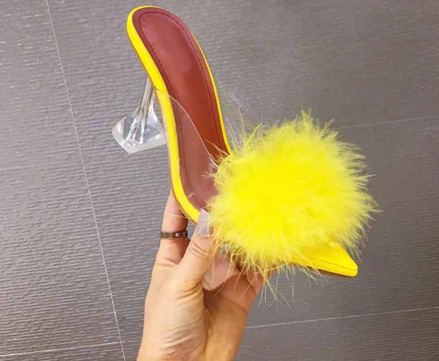 Transparent Peep Toe High Heels Feather Design Women Slip On Mules