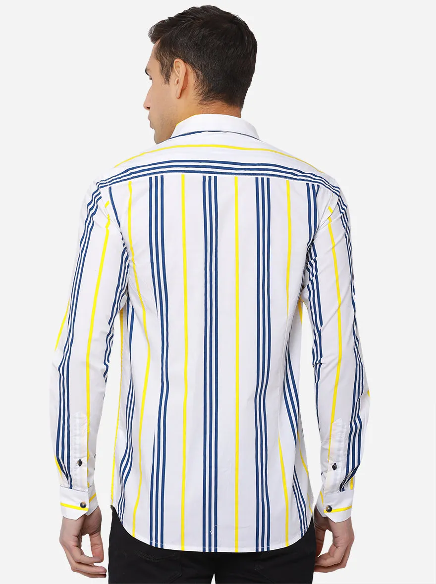 White & Patriot Blue Striped Slim Fit Semi Casual Shirt | JadeBlue