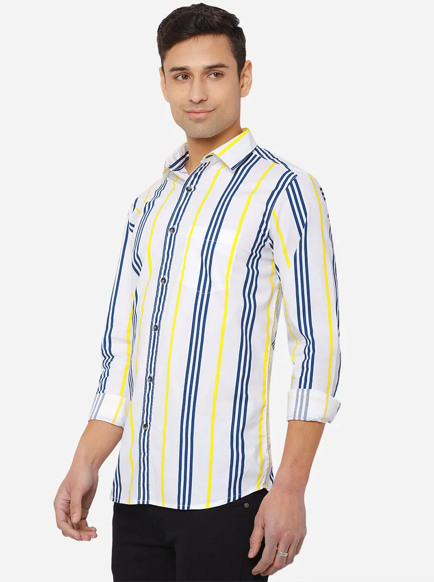 White & Patriot Blue Striped Slim Fit Semi Casual Shirt | JadeBlue