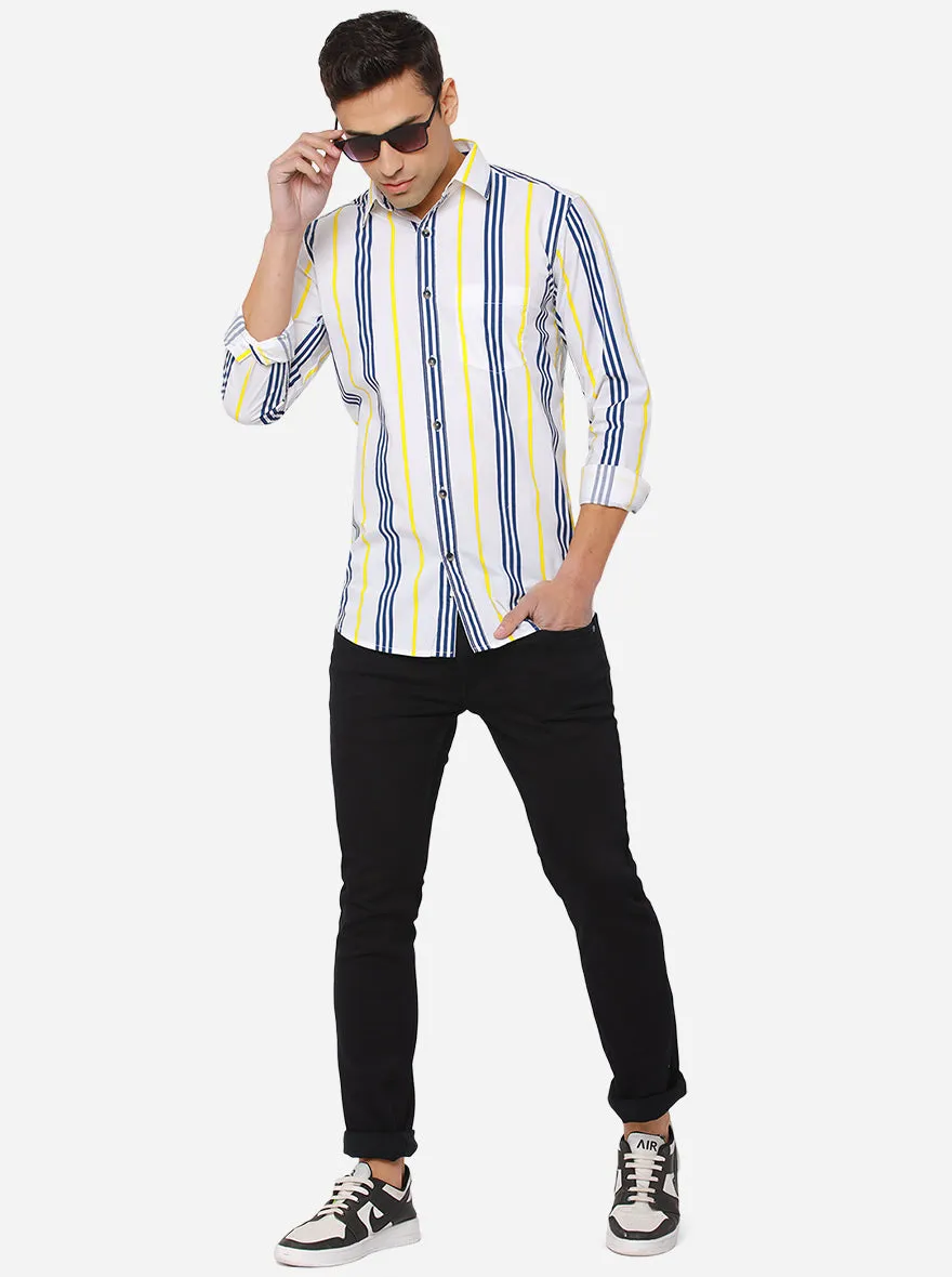 White & Patriot Blue Striped Slim Fit Semi Casual Shirt | JadeBlue