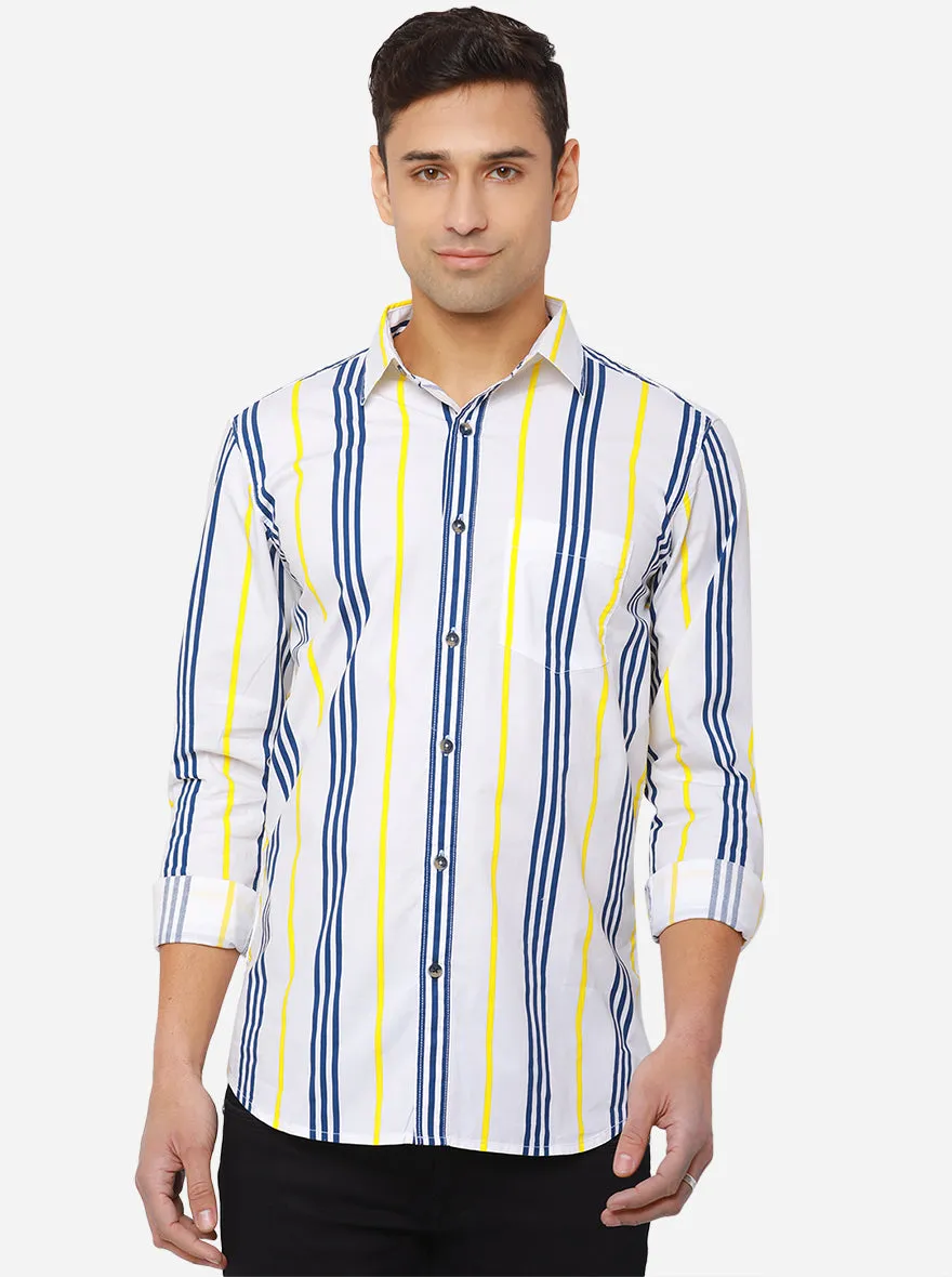 White & Patriot Blue Striped Slim Fit Semi Casual Shirt | JadeBlue