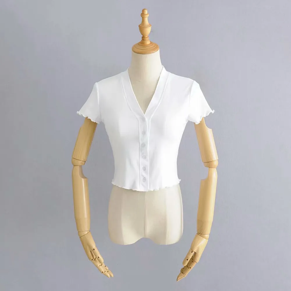 White Cardigan Summer Solid Single Breasted Crop Top Short Sleeve Tees