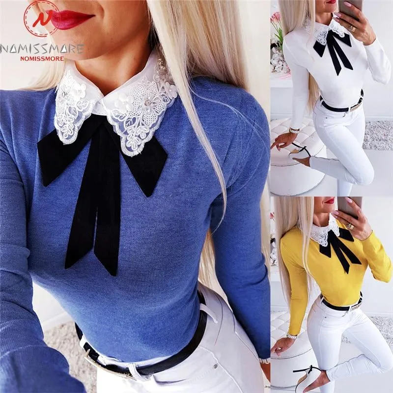 Women Long Sleeve Patchwork Bow Lace Design Turn-down Collar Blouse